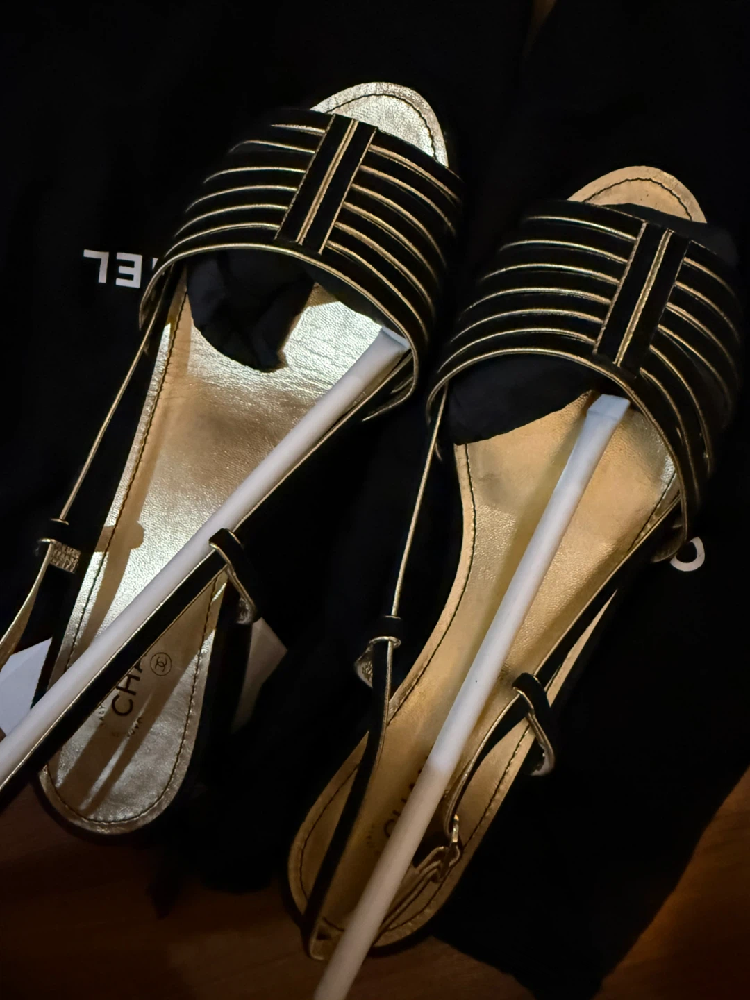 Chanel Black and Gold Sandals