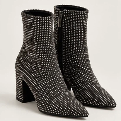 Rhinestone Studded Gray Ankle Boots Pointed Toe Block Heel