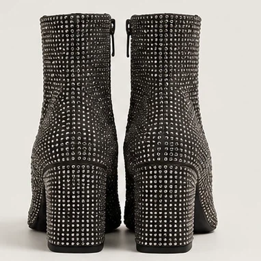 Rhinestone Studded Gray Ankle Boots Pointed Toe Block Heel - photo 3