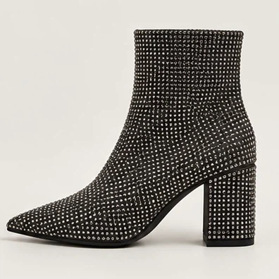 Rhinestone Studded Gray Ankle Boots Pointed Toe Block Heel - photo 5