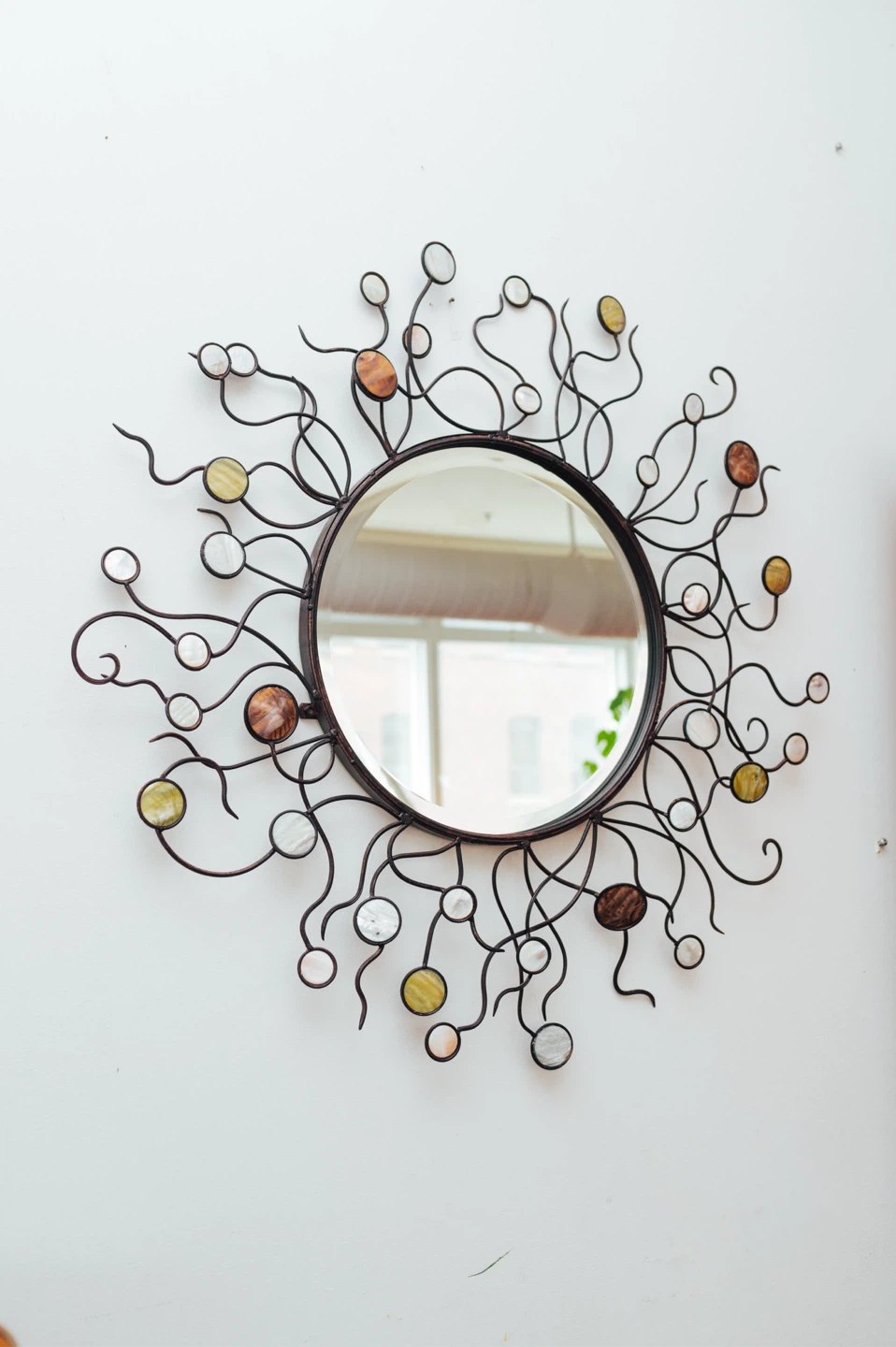 Large MCM Vintage Sunburst Mirror – Metal + Iridescent Shell