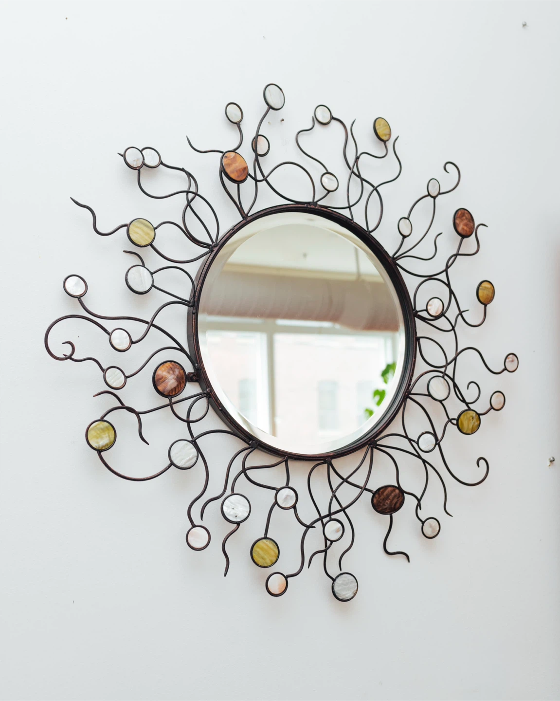 Large MCM Vintage Sunburst Mirror – Metal + Iridescent Shell - photo 4