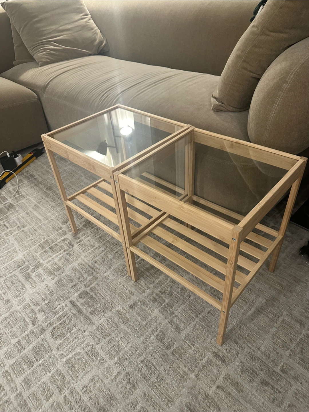 Set of Two Bamboo and Glass Side Tables