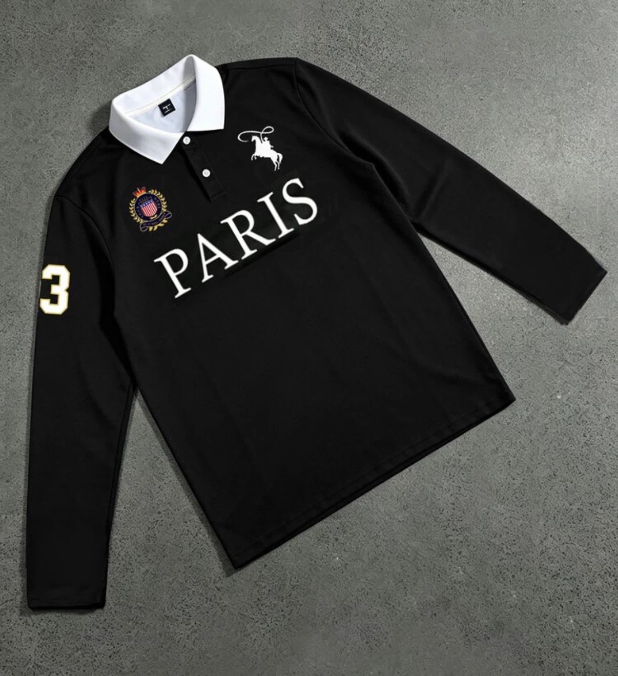 Black Long-Sleeve Polo Shirt with Paris Design