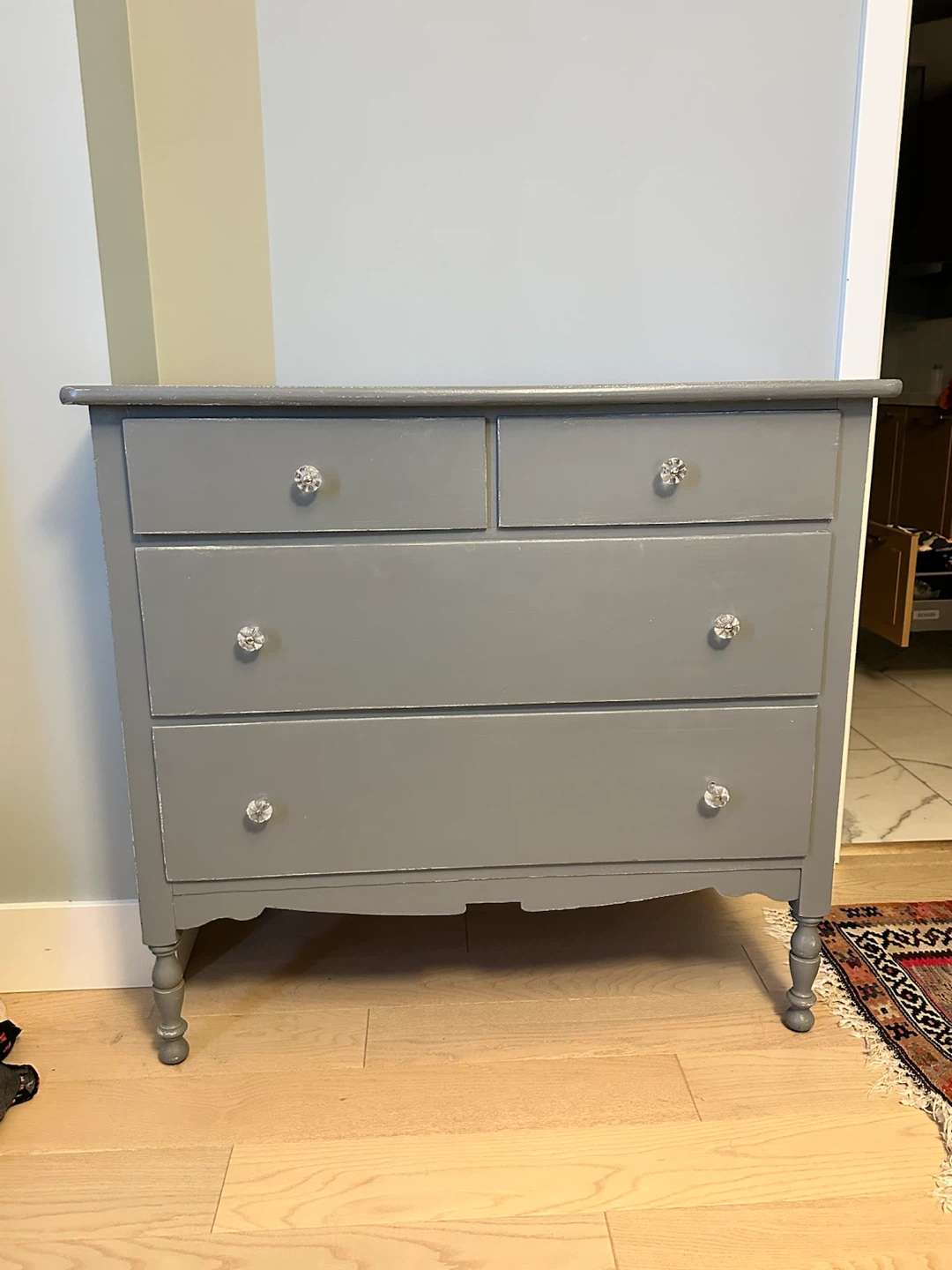 Grey Wooden Dresser with Crystal Knobs