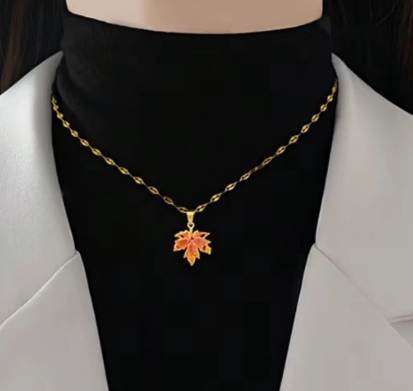 18 k gold plated maple leaf necklace with orange stones - photo 3