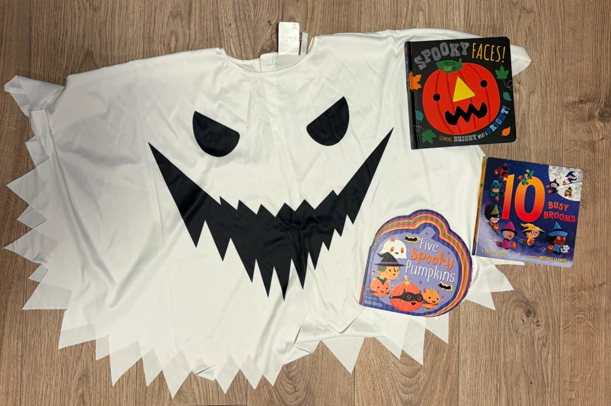 Child Ghost Costume one size fits(2-10yrs) and 3 books