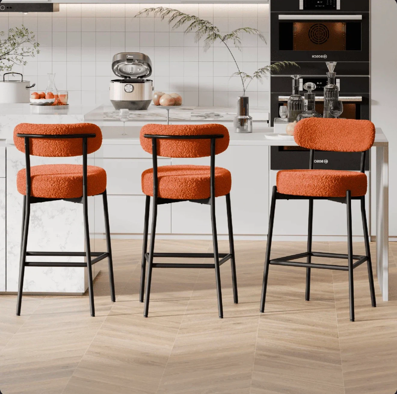 Set of 3 Orange Boucle Bar Stools