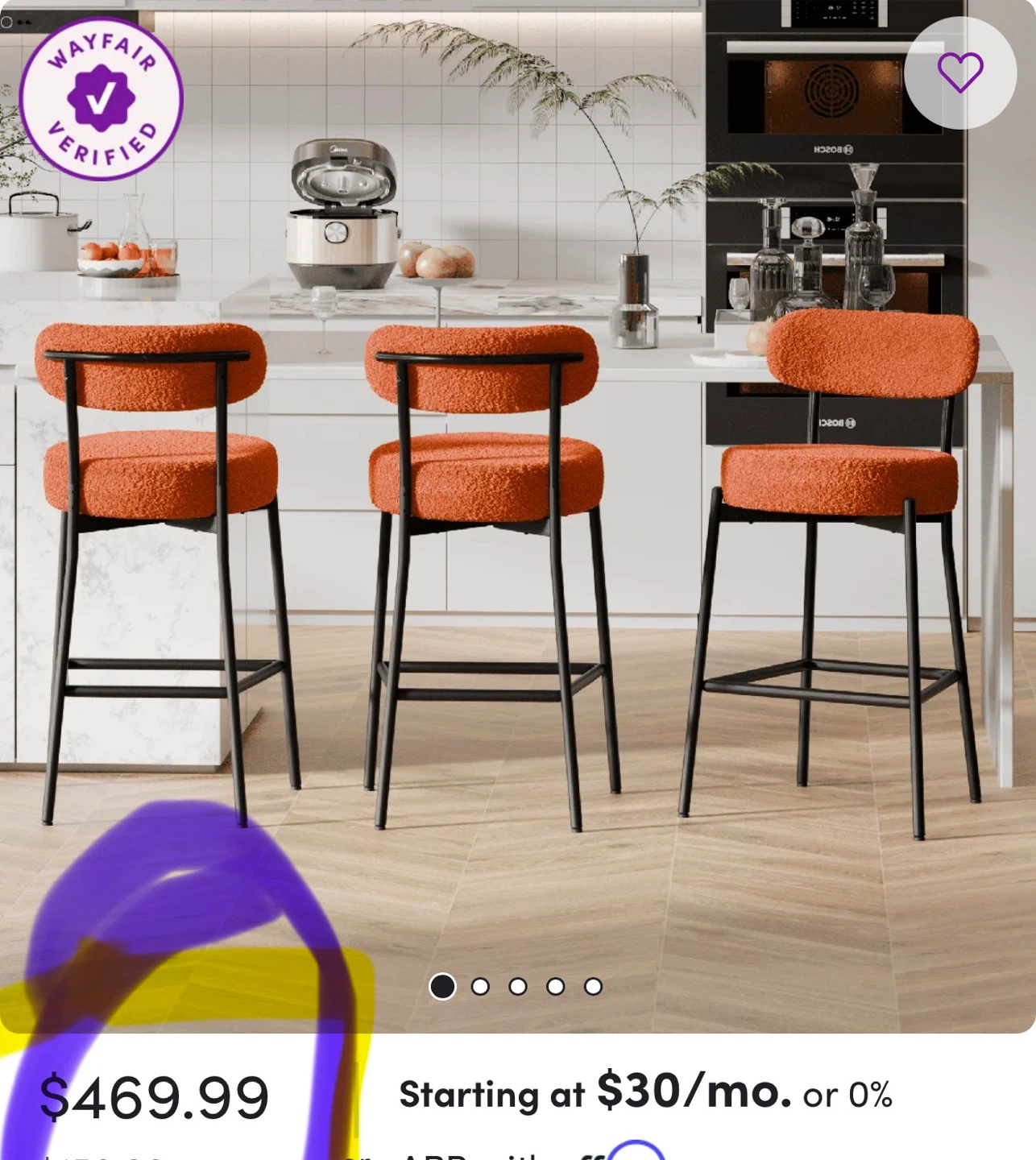 Set of 3 Orange Boucle Bar Stools - photo 3