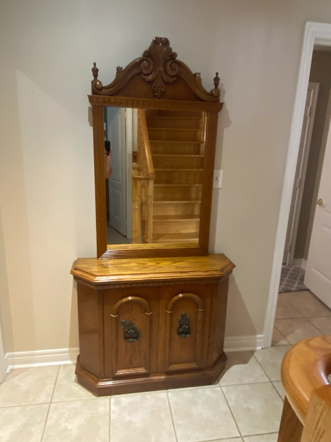 2 - Piece Vintage Carved Wood Sideboard / Buffet with Mirror