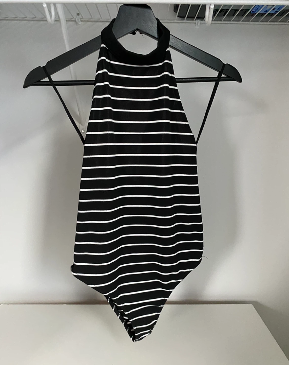Black and White Striped Halter Bodysuit