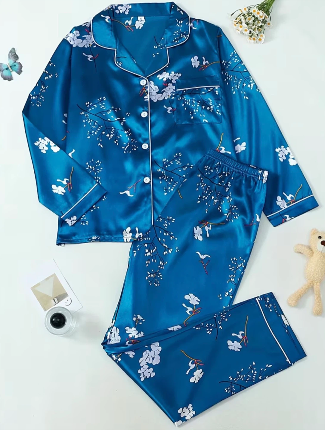 Satin woman’s Blue Floral Satin Pyjama Set