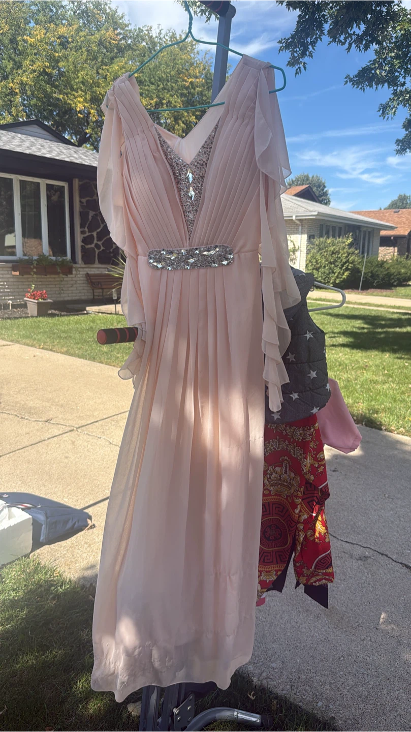 Light pink evening gown with rhinestone detailing