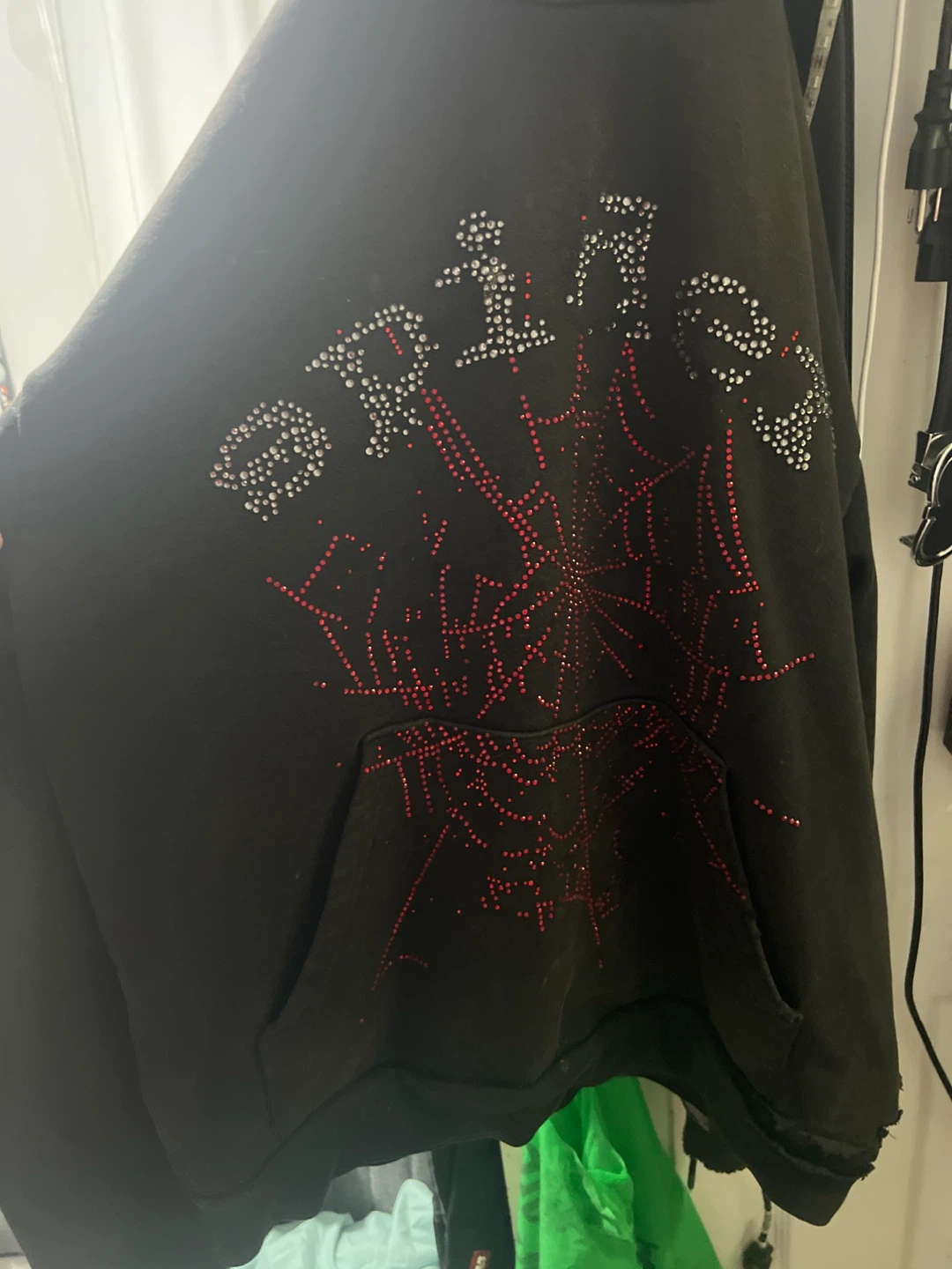 Sp5der Black Hoodie with Red Rhinestone Web