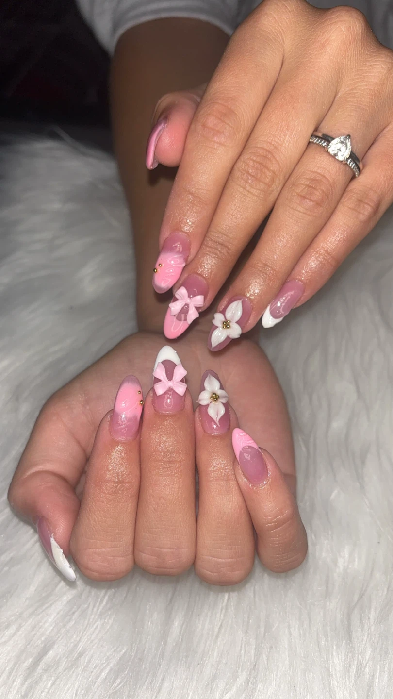 Pink and White Bow and Flower Nail Art Set