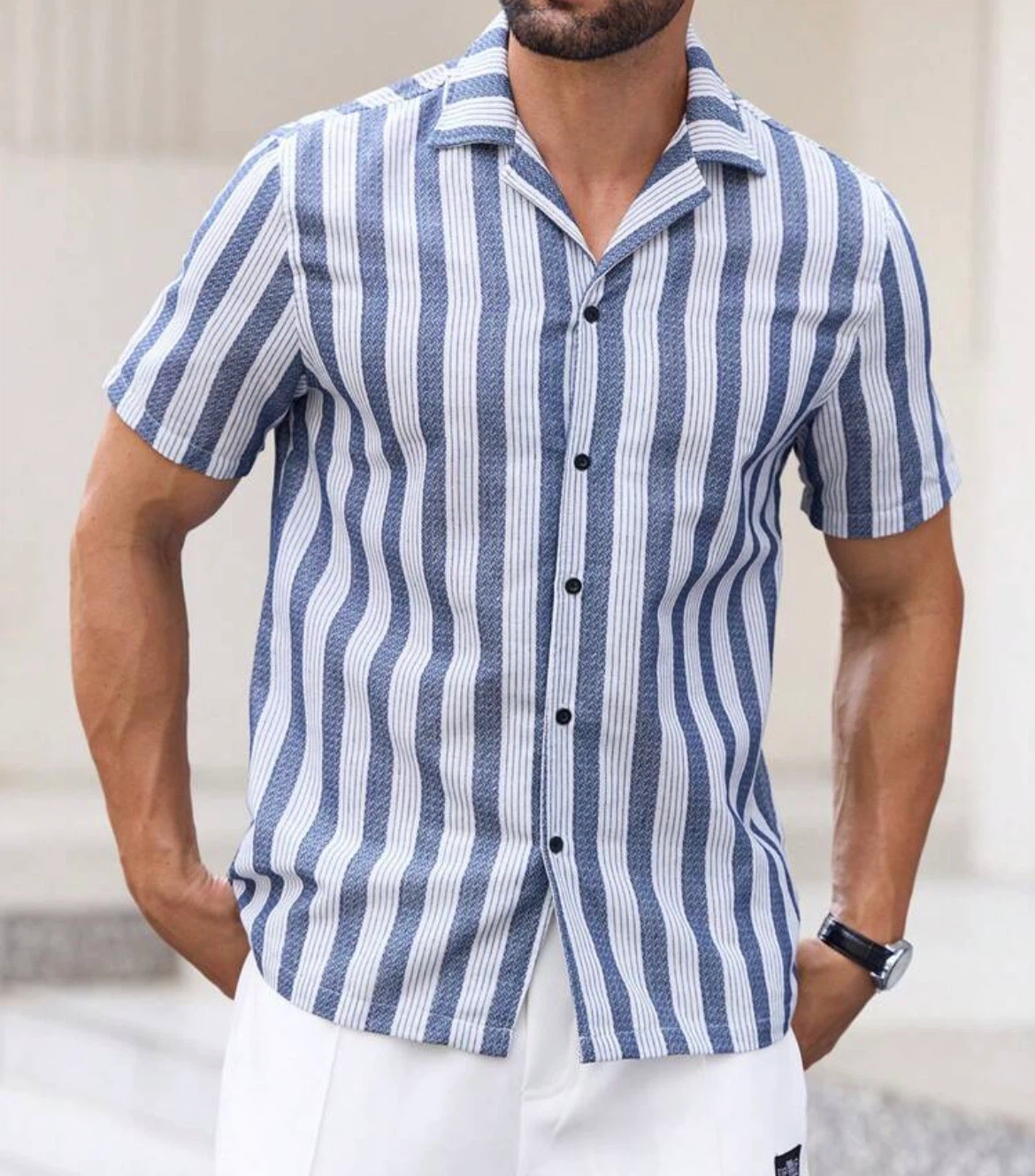 (Like New) Blue and White Striped Short Sleeve Shirt