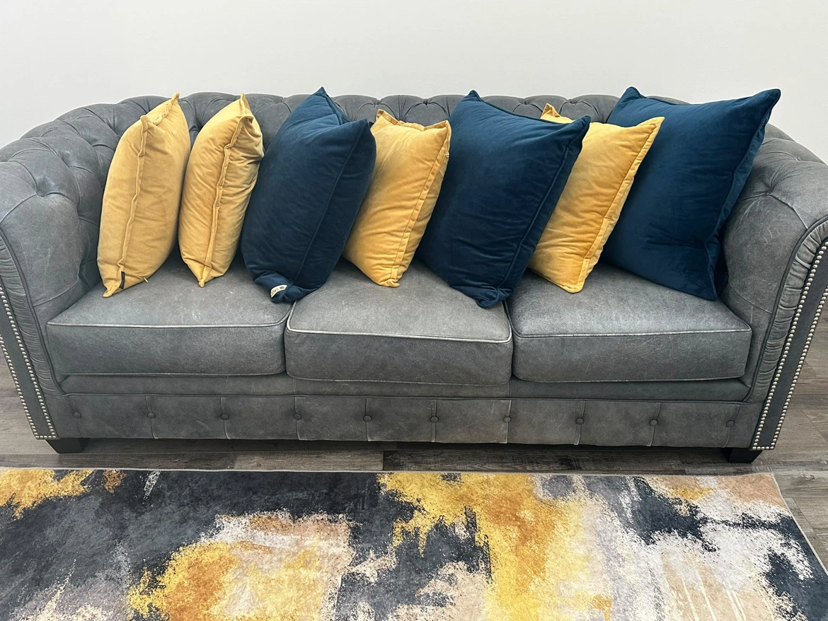 Set of Blue Velvet Curtains and Pillows