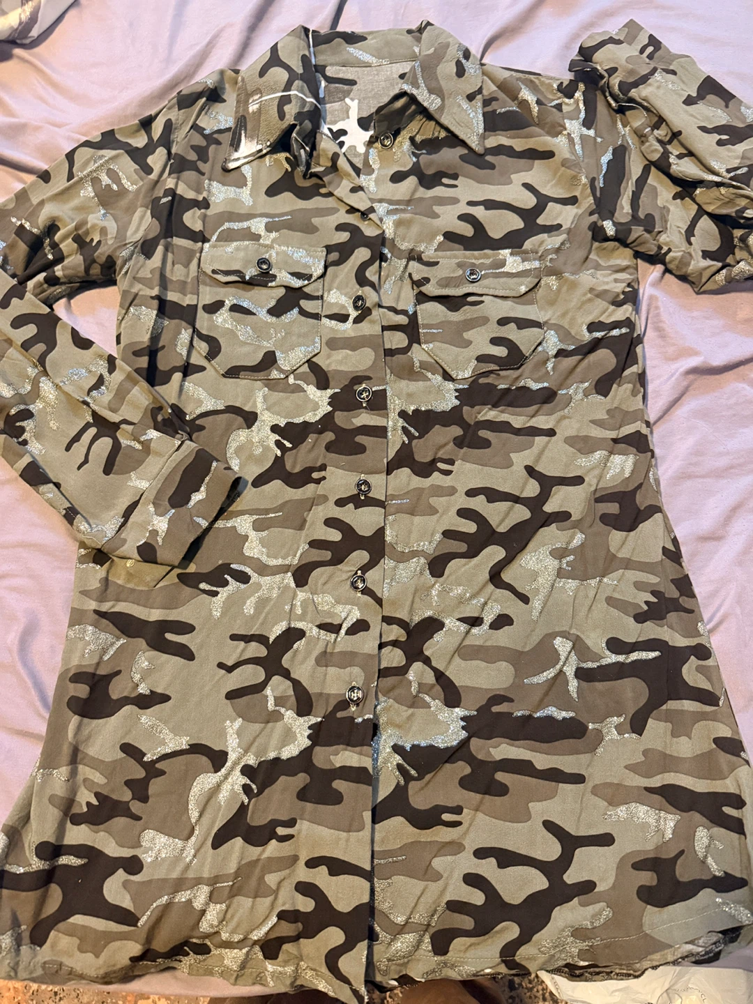 Camo Button-Down Shirt with Glitter Detail, brand new