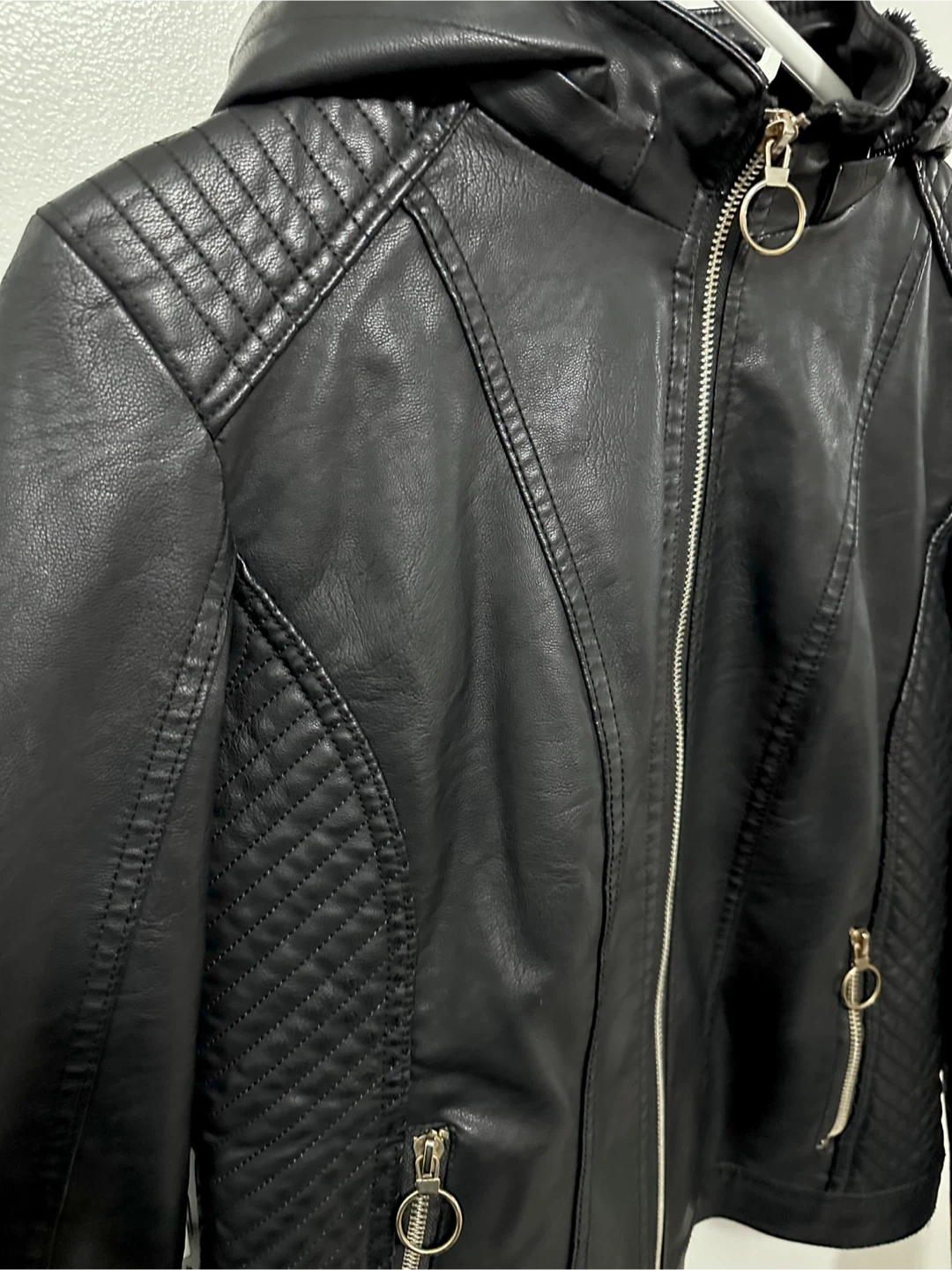 Black Faux Leather Jacket with Fur Lining - photo 2