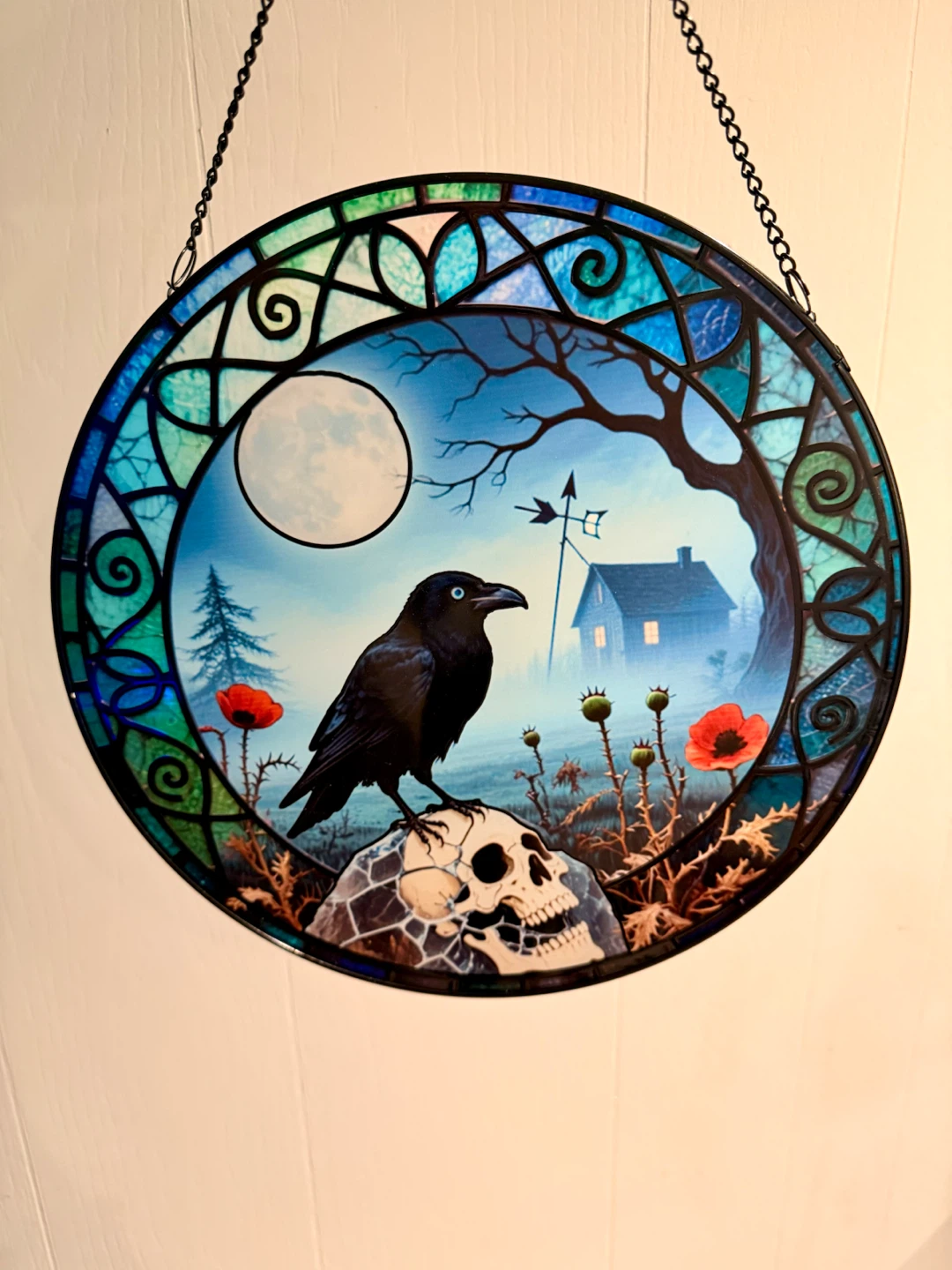 Raven Skull Halloween Faux Stained Glass Panel