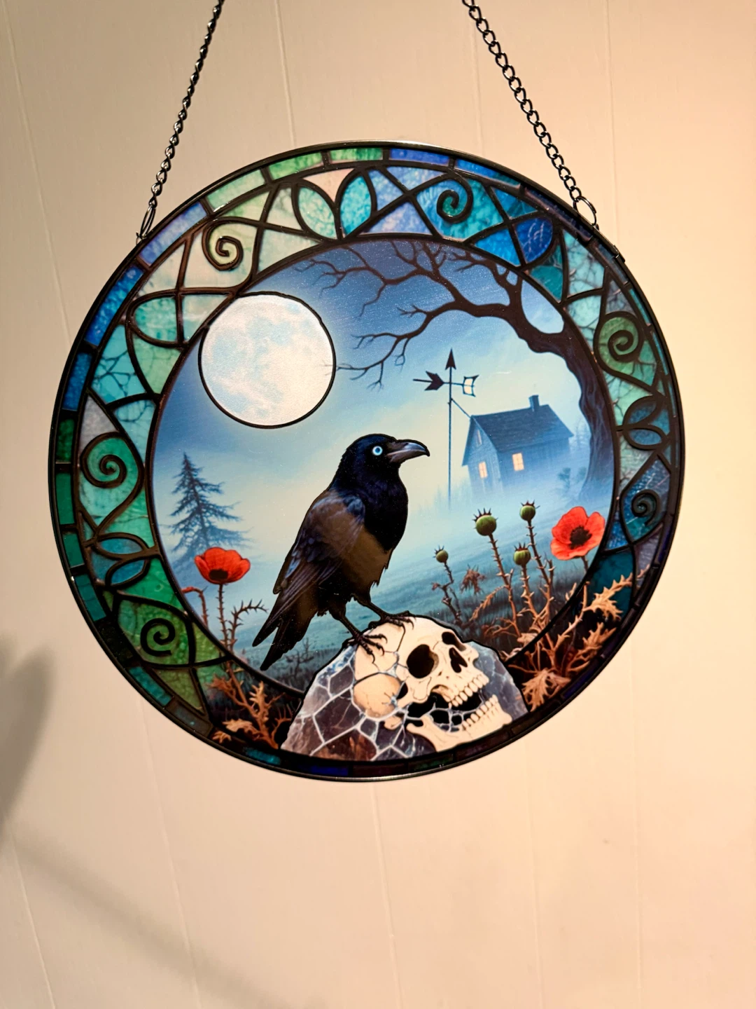 Raven Skull Halloween Faux Stained Glass Panel - photo 3