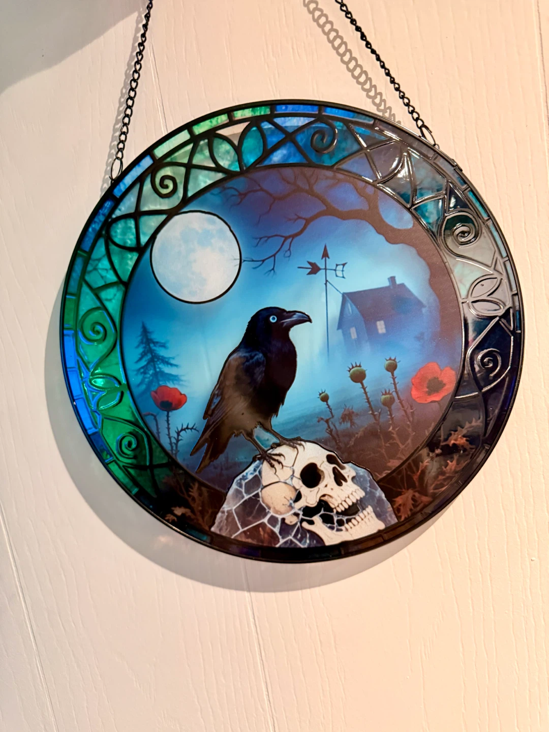 Raven Skull Halloween Faux Stained Glass Panel - photo 4
