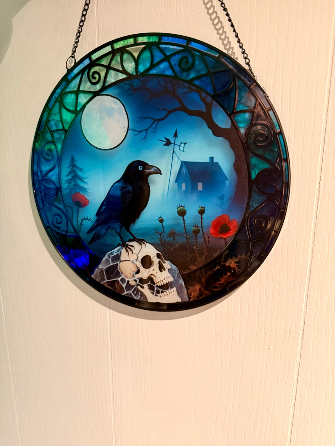 Raven Skull Halloween Faux Stained Glass Panel - photo 5