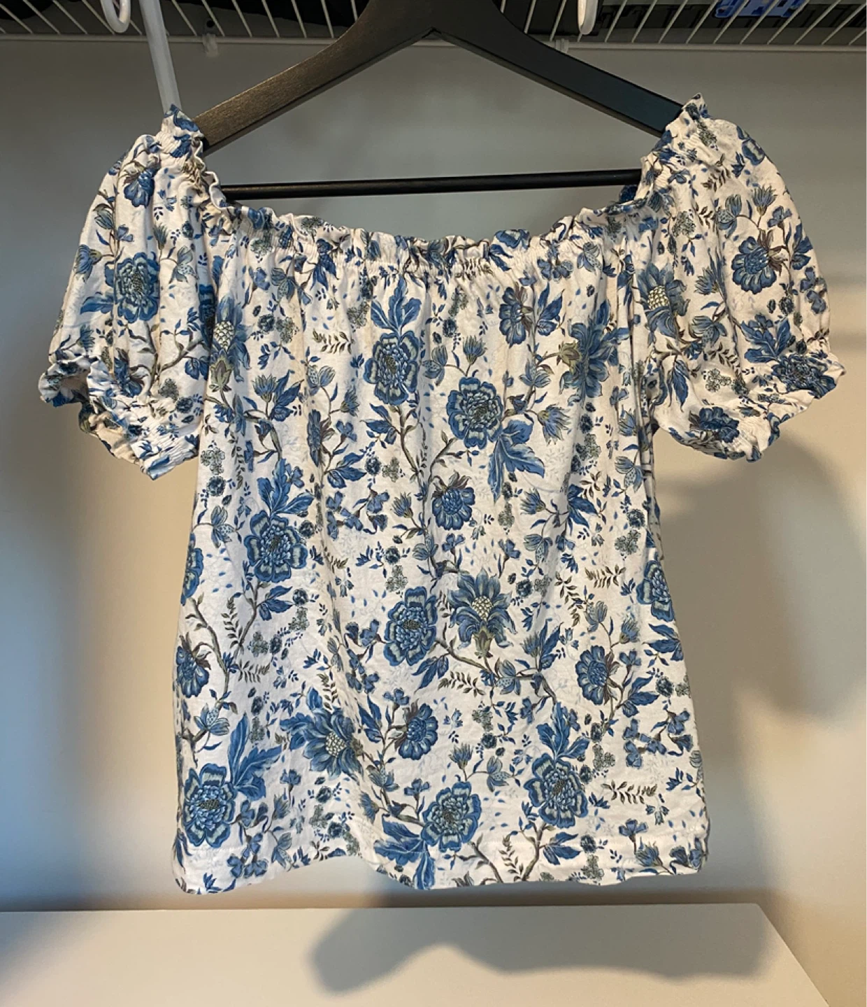 Blue and White Floral Off-Shoulder Top