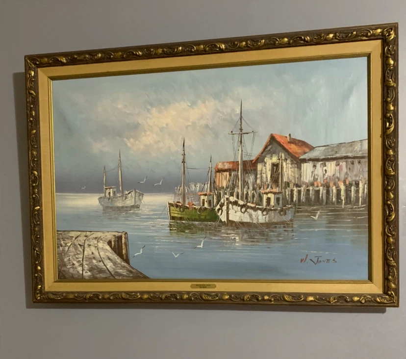 W. Jones Oil Painting Harbour Scene