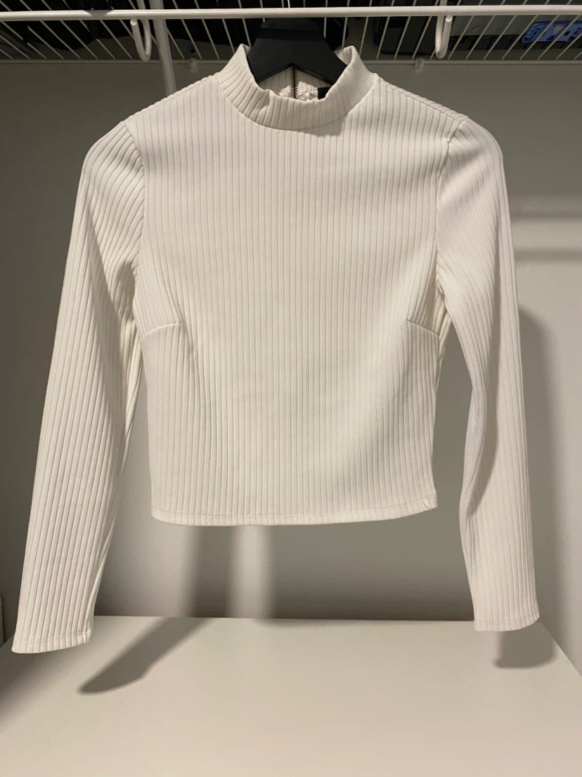 White Mock Neck Ribbed Long Sleeve Top