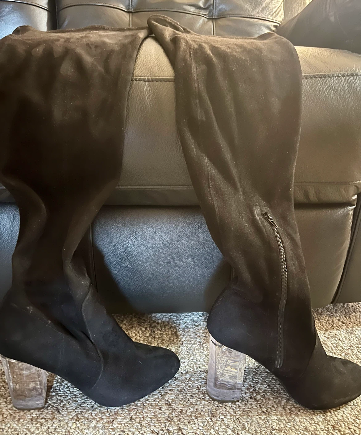 Black Suede Over-the-Knee Boots with Clear Heels