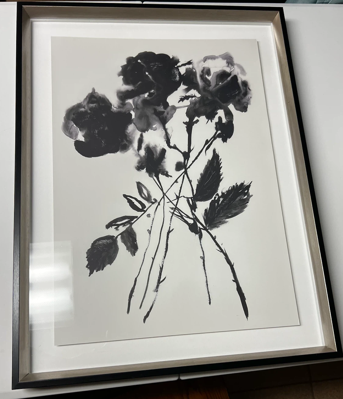 Framed Black and White Rose Ink Art