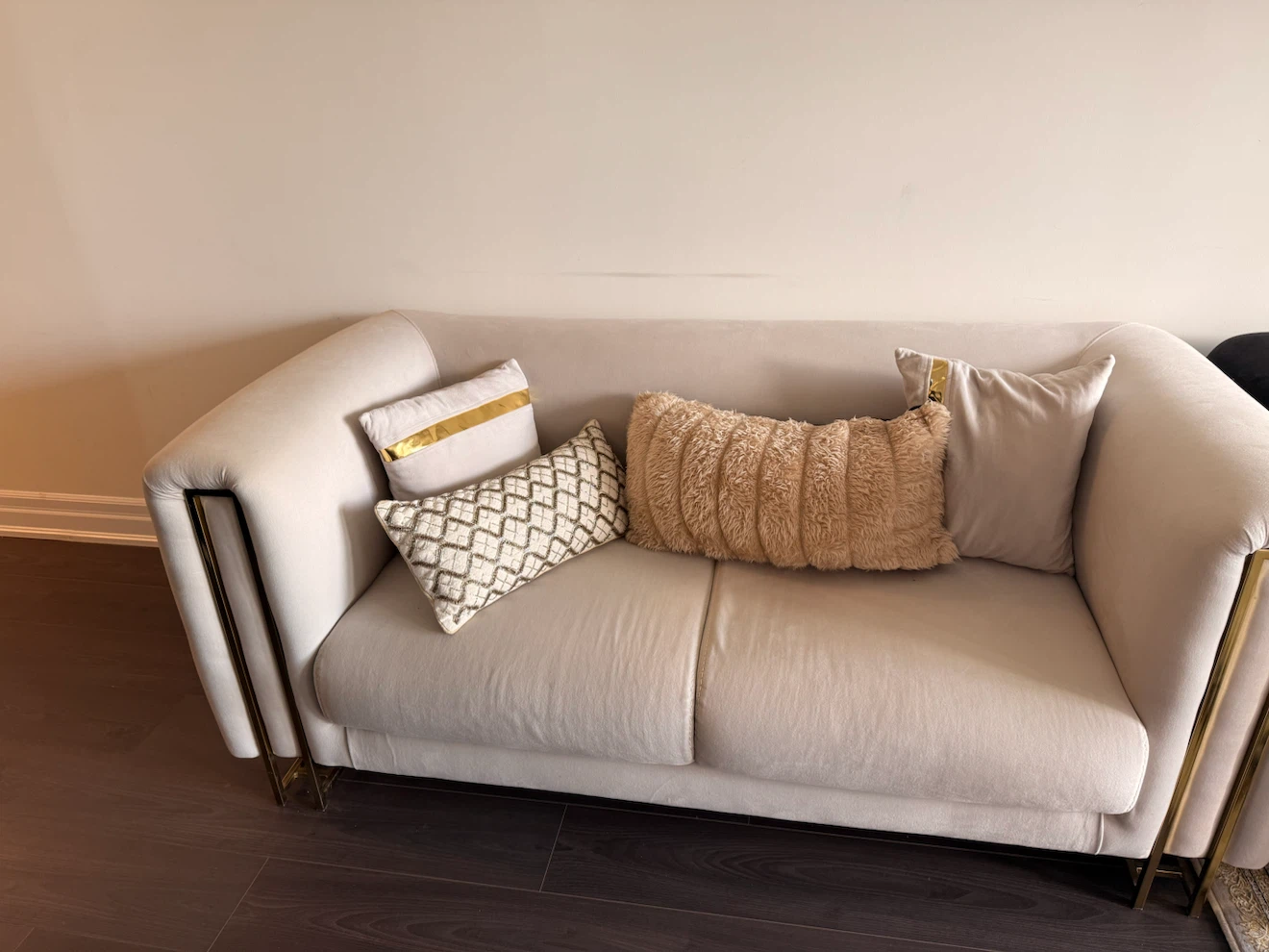 Modern Grey Velvet Sofa with Gold Accents