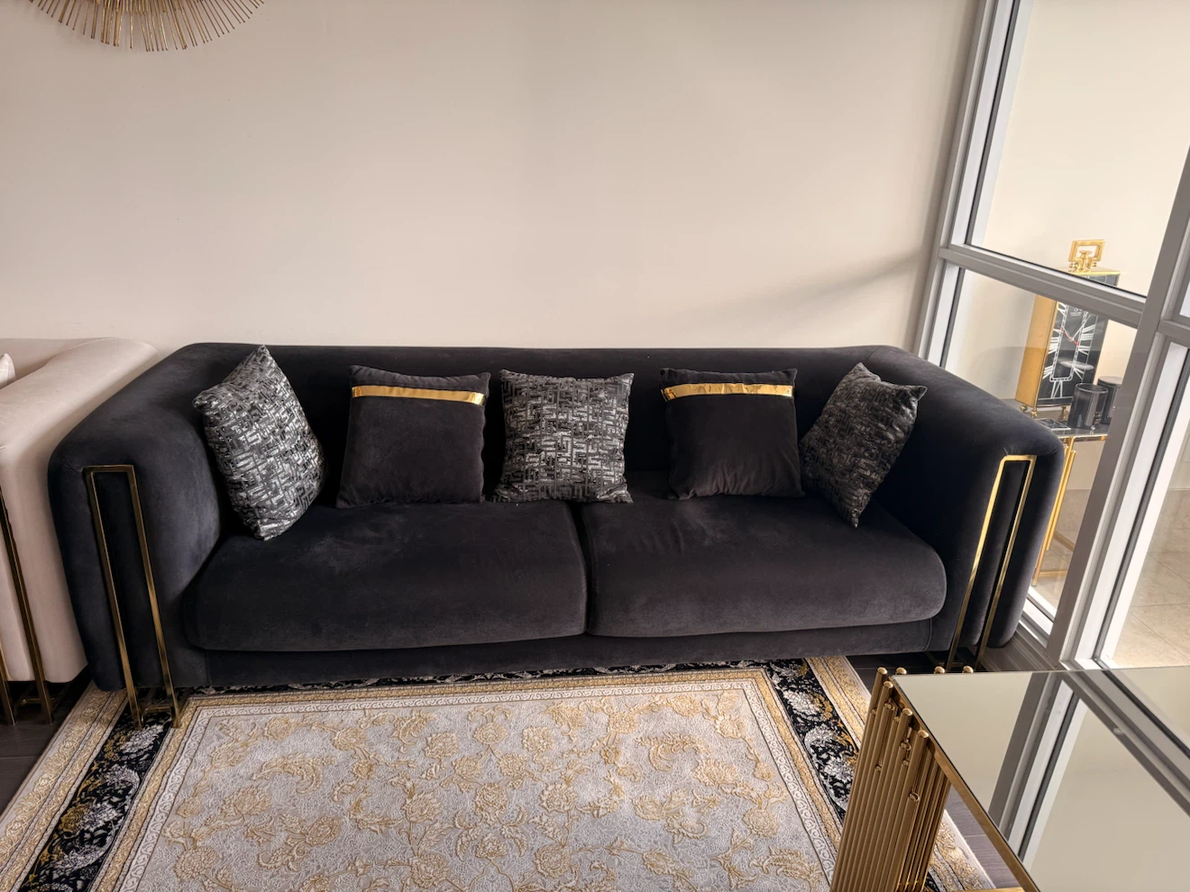 Modern Grey Velvet Sofa with Gold Accents - photo 2