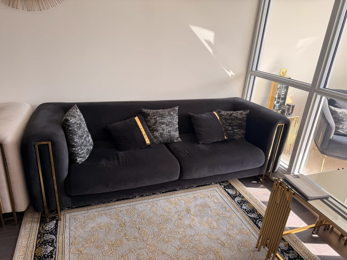 Modern Grey Velvet Sofa with Gold Accents - photo 3