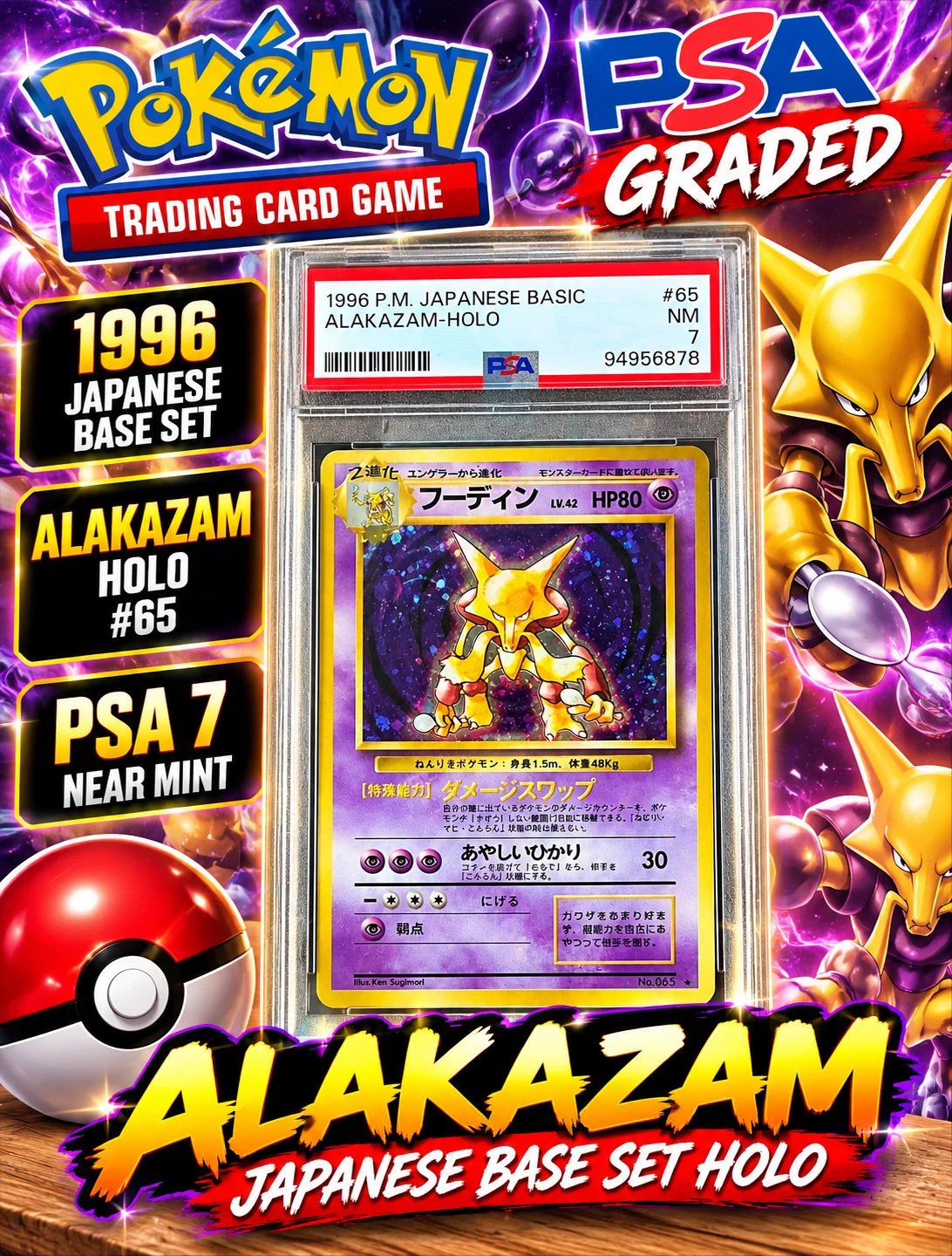 1996 Pokemon Japanese Base Set Alakazam Holo PSA 7
