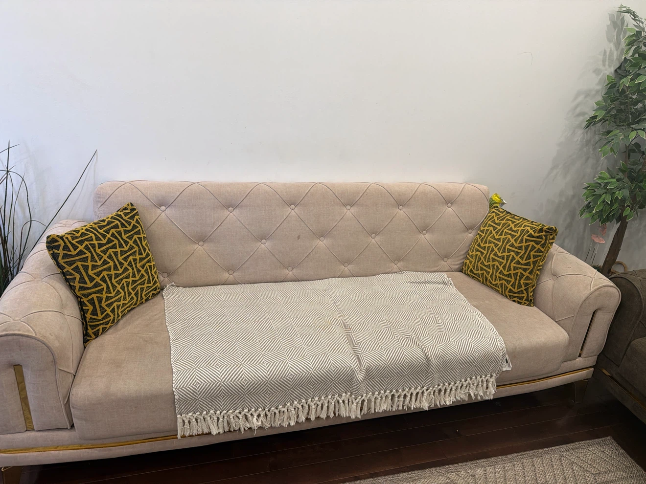 Tufted Sofa with Gold Trim