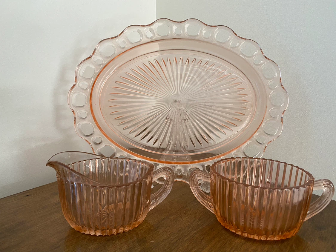 Vintage Pink Depression Glass Creamer, Sugar and Platter