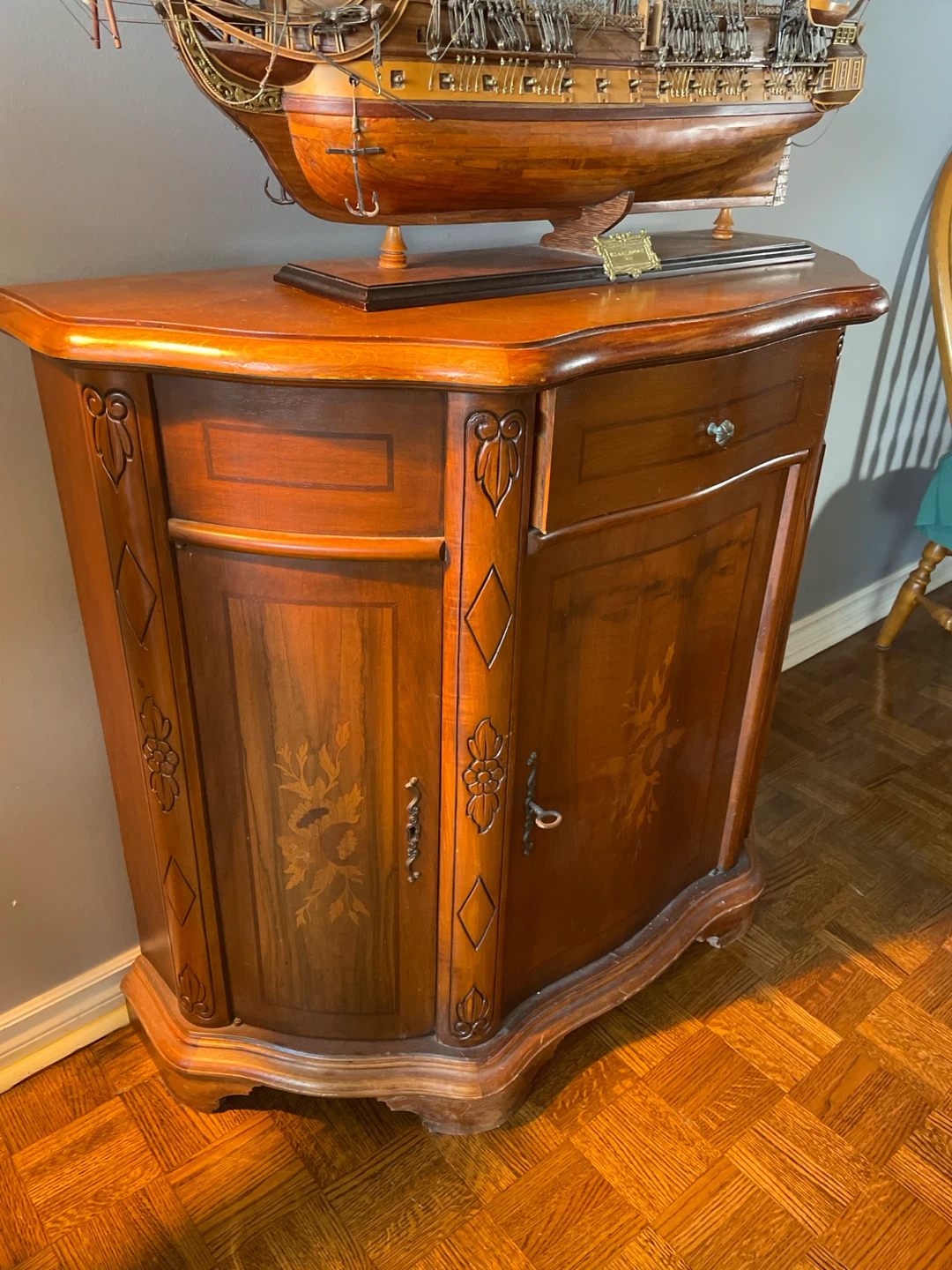 Vintage Wooden Cabinet with Floral Inlay
