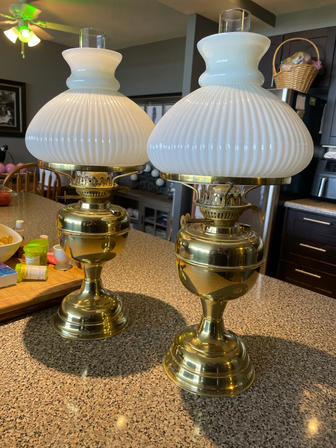 Pair of Brass Oil Lamps with Milk Glass Shades
