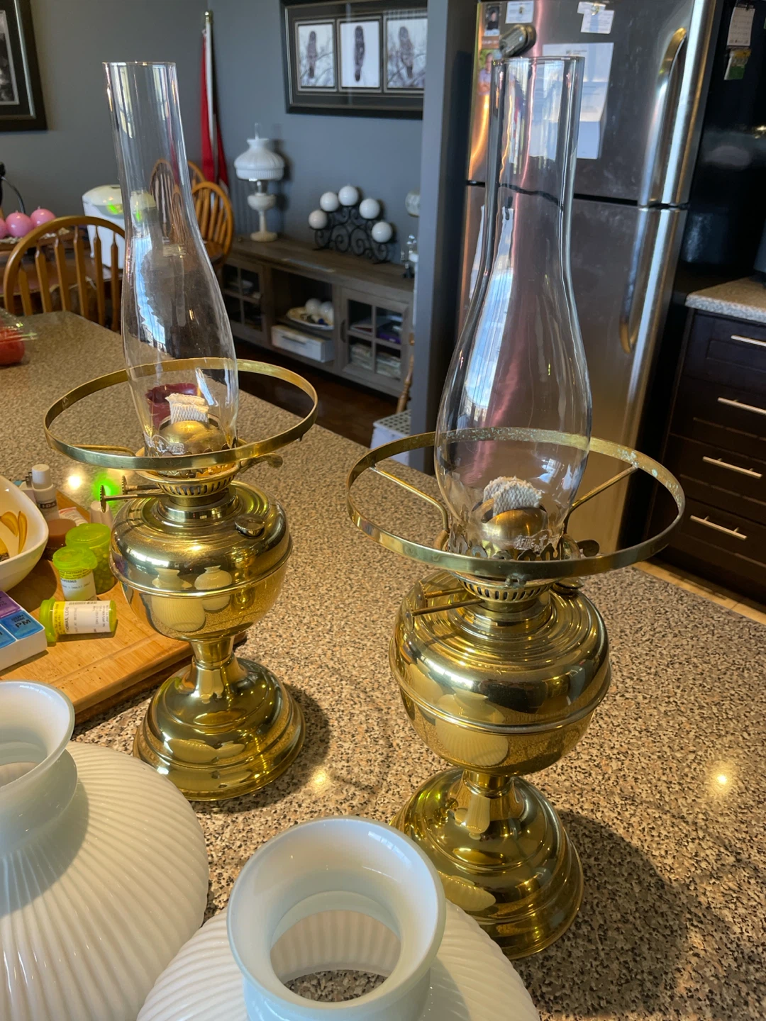 Pair of Brass Oil Lamps with Milk Glass Shades - photo 2