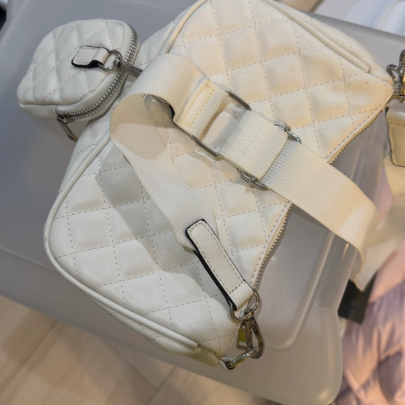 White Quilted Crossbody Bag with Coin Pouch