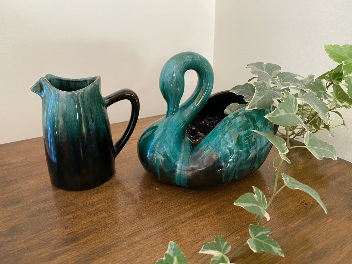 Vintage Blue Mountain Pitcher and Swan with Ivy
