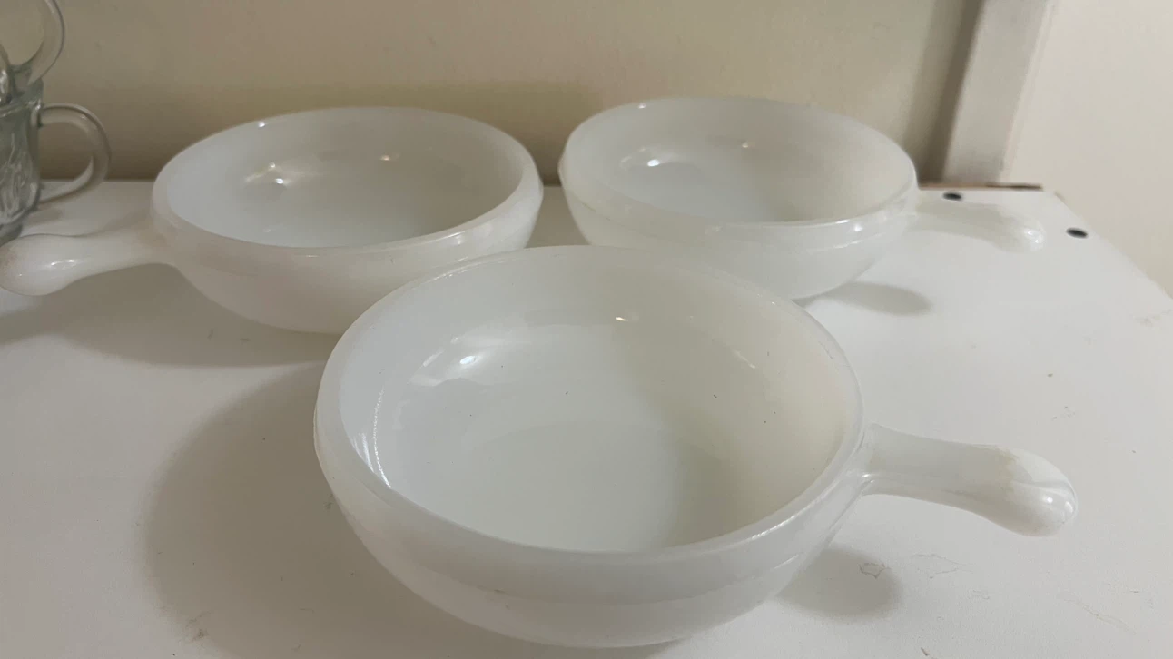 Set of 3 Glasbake Milk Glass Handled Bowls