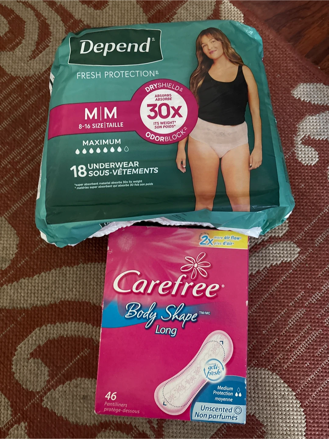 Depend Underwear Size M and Carefree Pantiliners