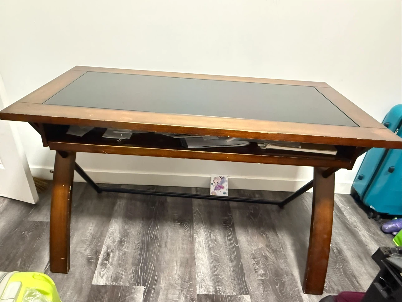 Wooden writing desk with black glass inlay
