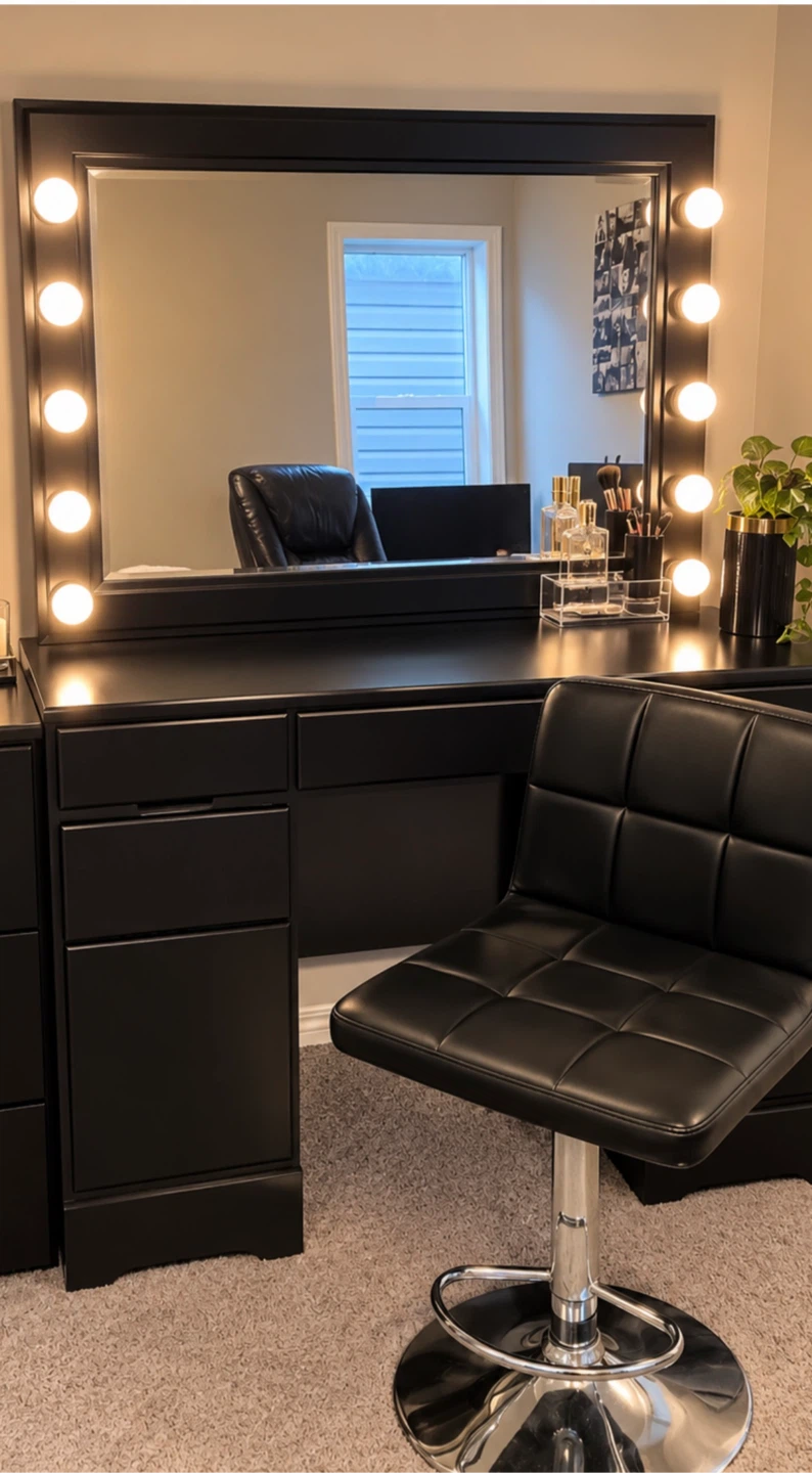 Black Vanity Table with Lighted Mirror