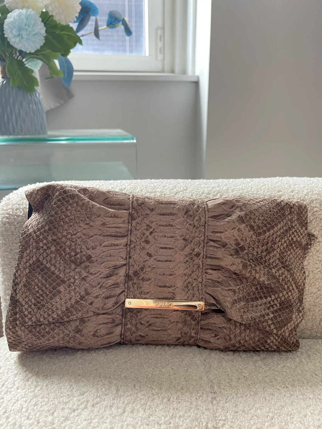 Vintage Furla Embossed Leather Clutch – Taupe/Brown