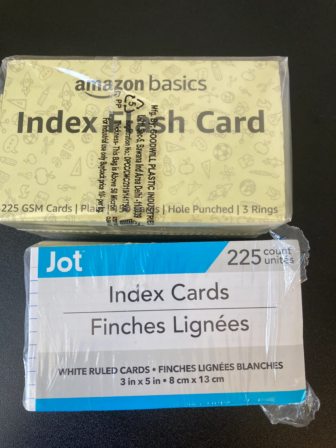 Two Packs of Index Cards: Amazon Basics and Jot