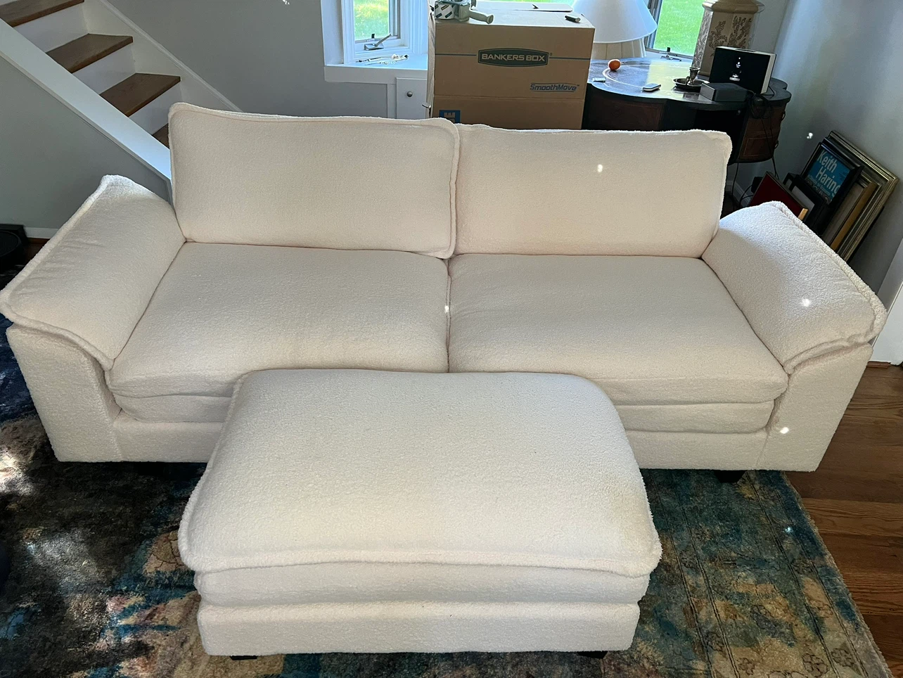 Cream Boucle Sofa with Ottoman